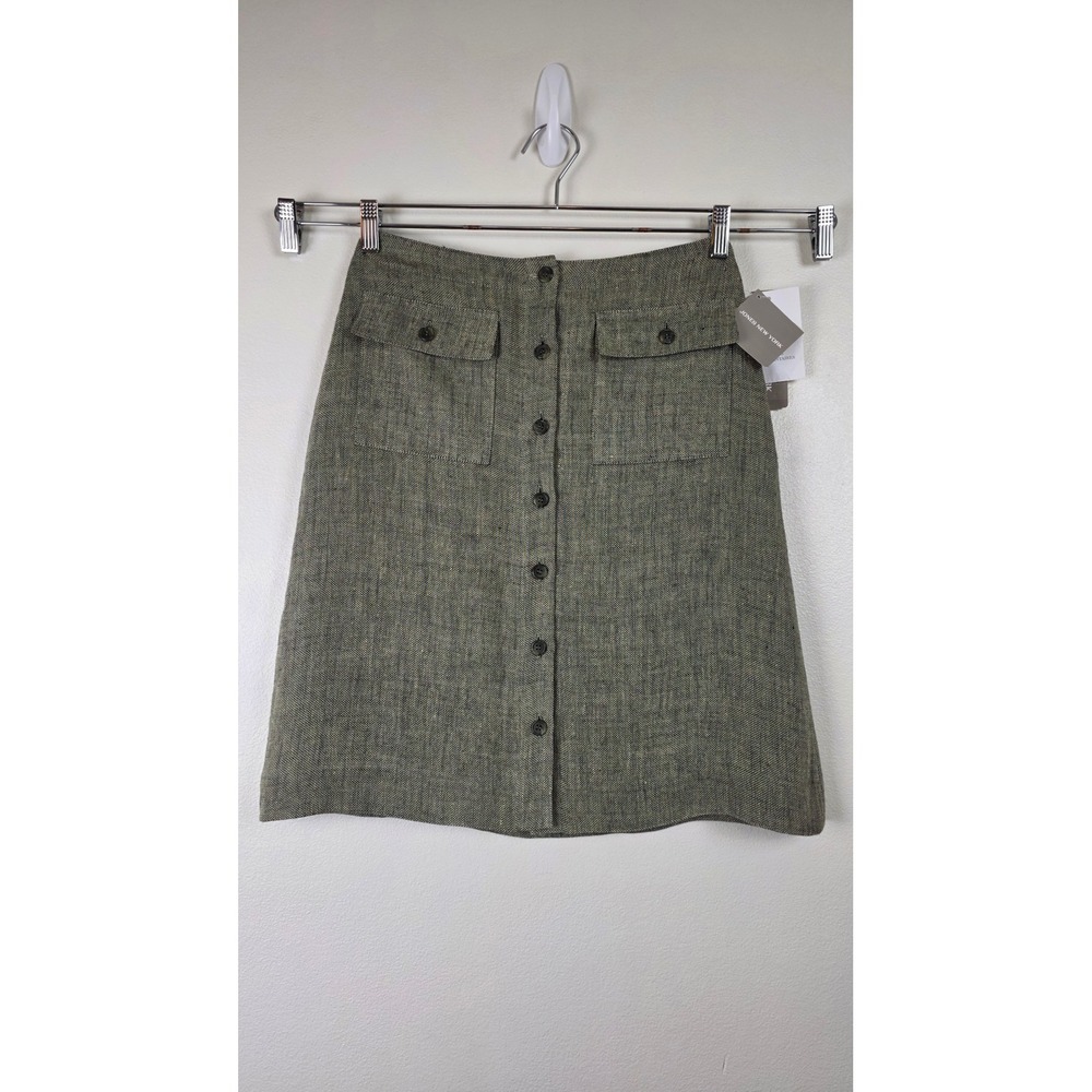 Jones New York A-Line Skirt Button Front Flap Pocket Earth Green Tan Size 6 NWT
